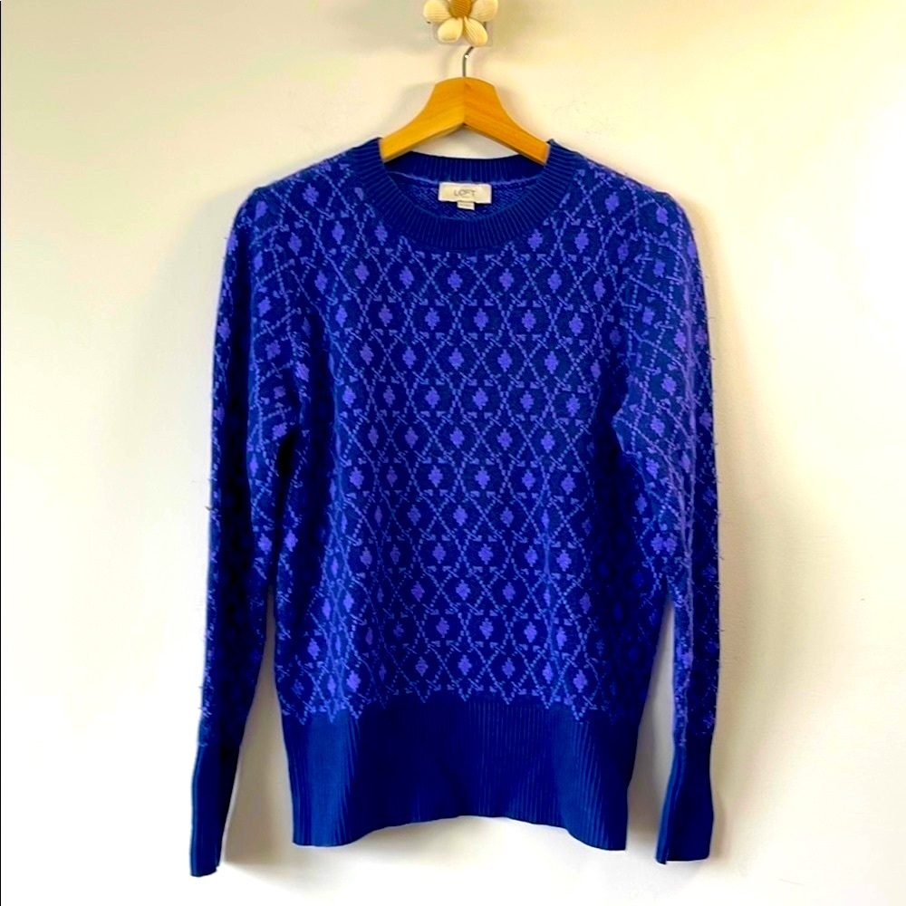 LOFT Blue Patterned Crew Neck Sweater